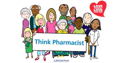 A group of people holding a banner that reads Think Pharmacist